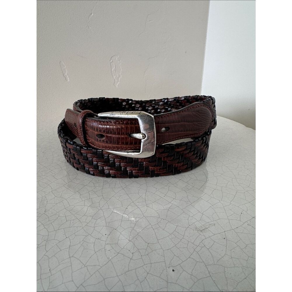 Brighton Vintage Brown and Black Woven Embossed Leather Men's Belt Size 38